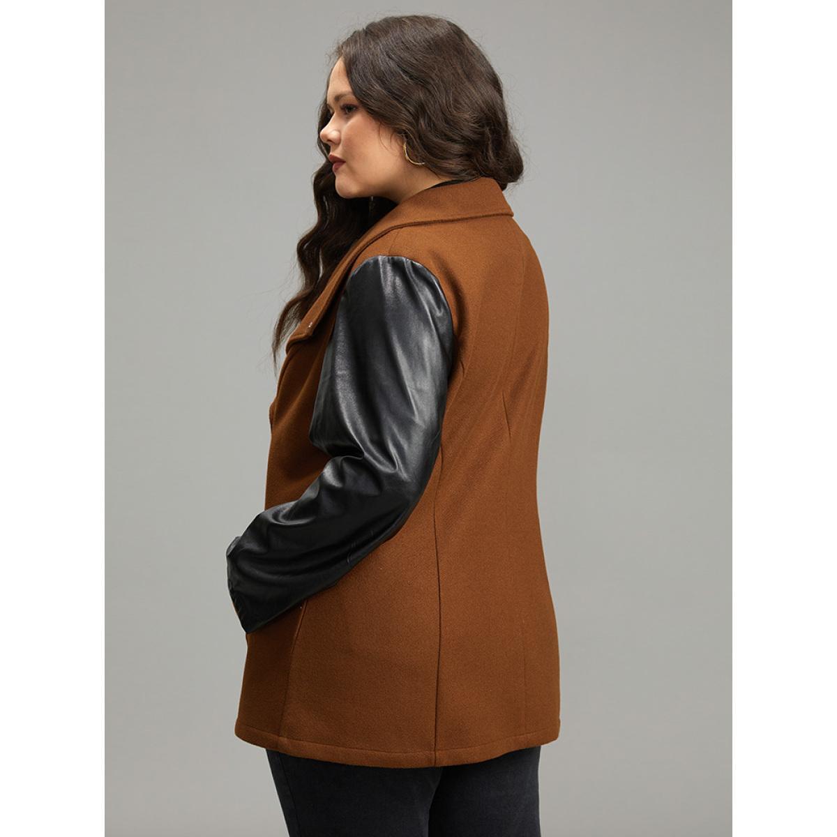 Plus Size Contrast PU Leather Lapel Collar Pocket Button Up Coat Women Tan Casual Contrast Ladies Dailywear Winter Coats BloomChic 30/6X Product Image