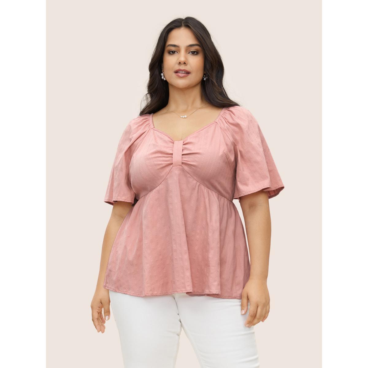 Plus Size Rouge Plain Heart Neckline Ruched Ruffle Sleeve Blouse Women Elegant Half Sleeve Heart neckline Everyday Blouses BloomChic 26/4X Product Image