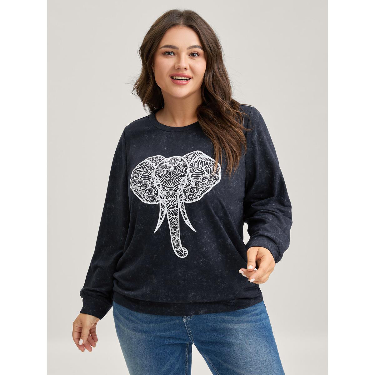 Plus Size Elephant Motif Crew Neck Sweatshirt Women Indigo Non Round Neck Everyday-Casual Sweatshirts BloomChic 30/6X Product Image
