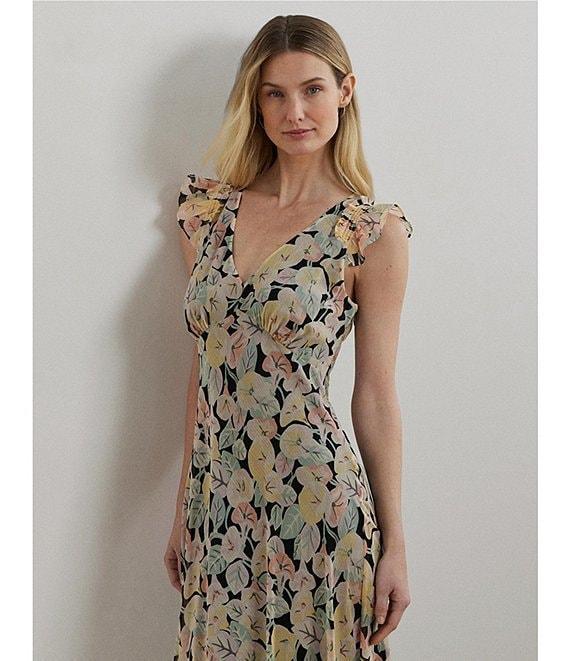 Lauren Ralph Lauren Crinkle Georgette Floral Print V-Neck Cap Sleeve Midi A-Line Dress Product Image