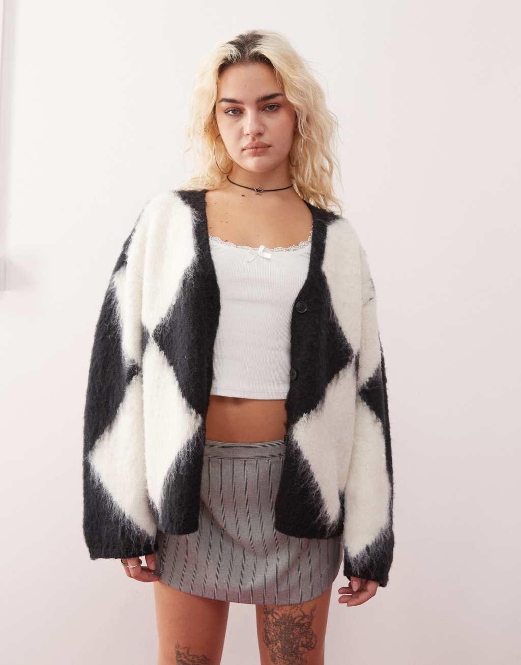 Monki fluffy yarn knitted cardigan with v neck in black and white check jacquard Product Image