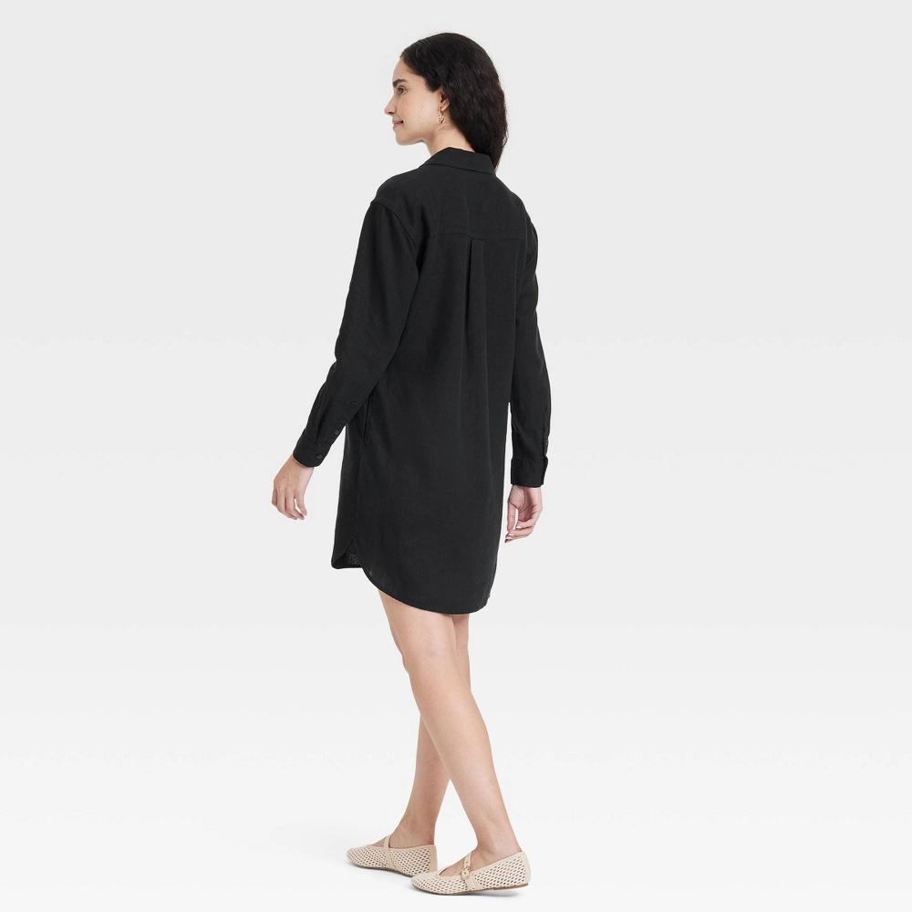 Womens Long Sleeve Popover Mini Shirtdress - Universal Thread Black XS: Linen Rayon Blend, Woven Fabric Product Image