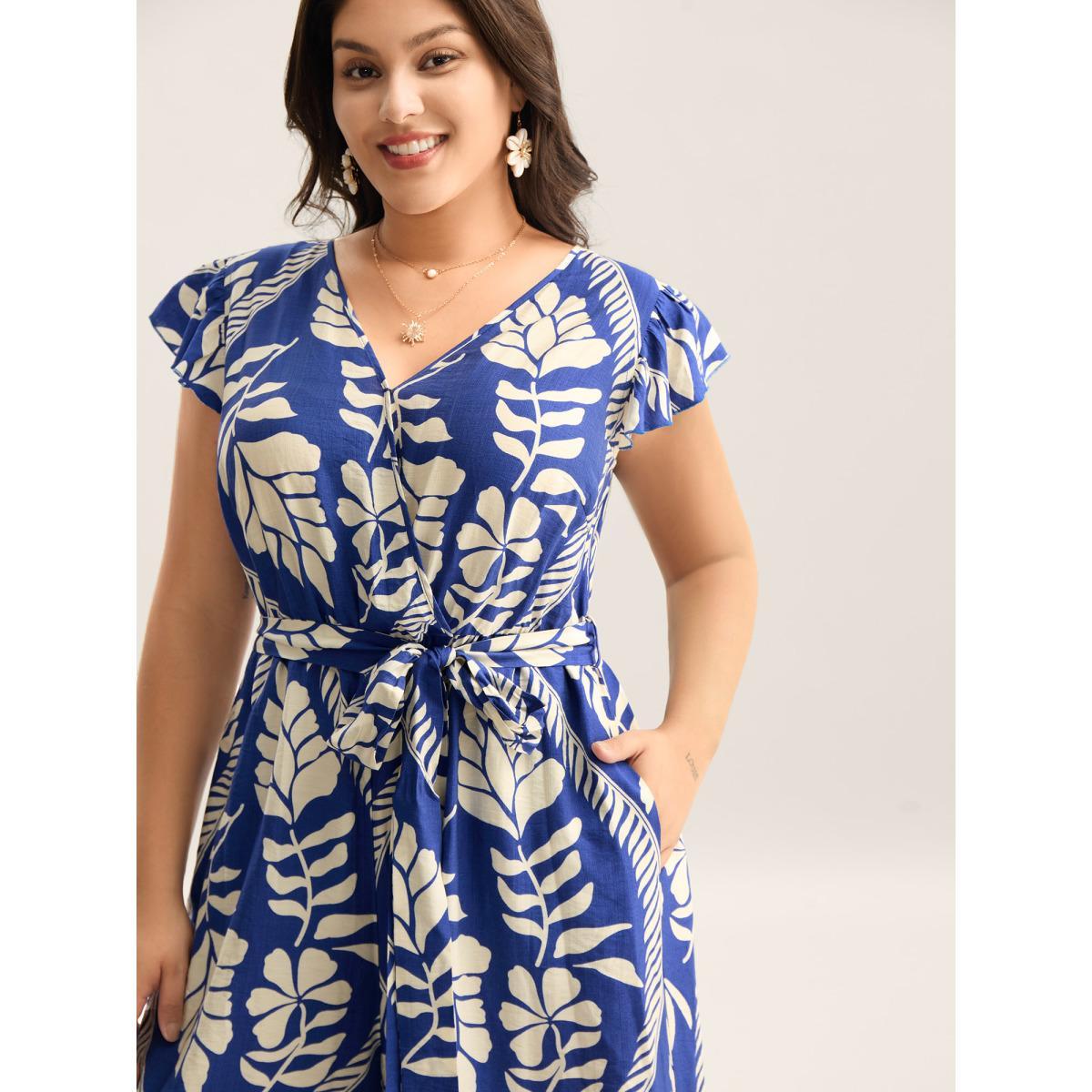 Plus Size Navy Large Floral Print Pockets Jumpsuit Women Cap Sleeve Overlap Collar Vacation Loose Jumpsuits BloomChic 18-20/2X Product Image
