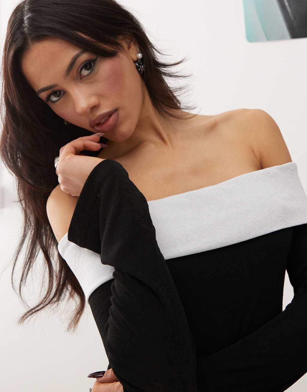 Princess Polly contrast foldover bardot longsleeve mini dress in mono Product Image