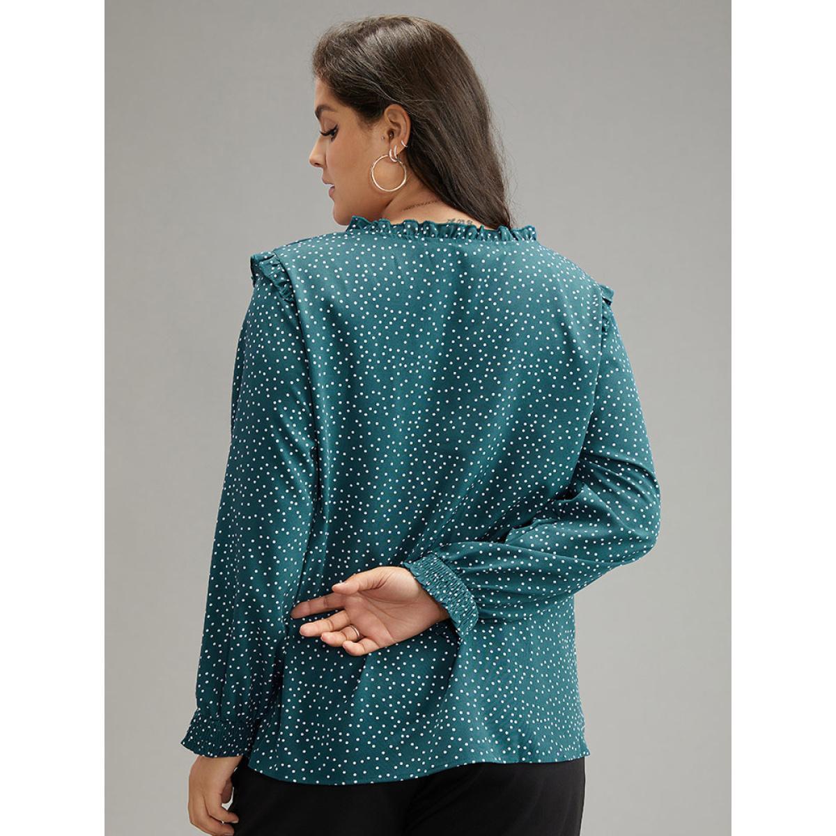 Plus Size Cyan Polka Dot Shirred Tie Neck Frill Trim Blouse Women Elegant Long Sleeve Tie Neck Dailywear Blouses BloomChic 14-16/1X Product Image