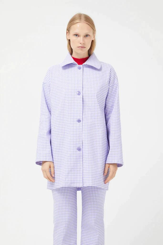 Compania Fantastica Straight lilac gingham check pants & Lilac gingham neoprene trench coat Product Image