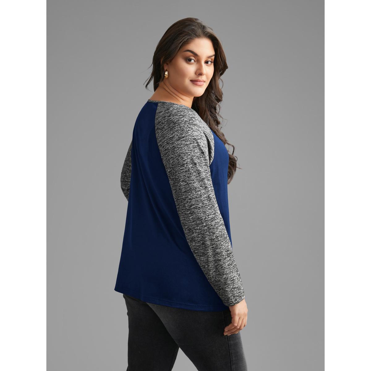 Plus Size Heather Patchwork Button Detail Stretchy T-Shirt DarkBlue Women Casual Contrast Flat collar with V-notch Everyday T-shirts BloomChic 14-16/1X Product Image