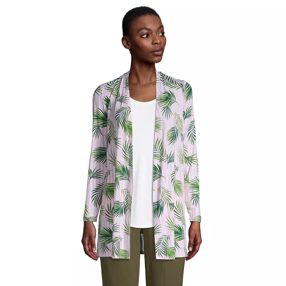 Women's Lands' End Draped Long Open-Front Cardigan, Size: Medium, Pink White Palm Product Image