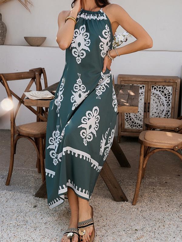 A-Line Loose Contrast Color Halter-Neck Maxi Dresses Product Image