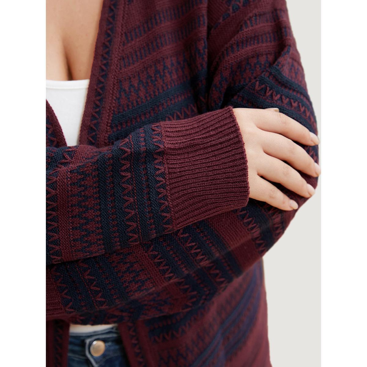 Plus Size Striped Contrast Pointelle Knit Open Front Loose Cardigan Scarlet Women Casual Loose Long Sleeve Work Cardigans BloomChic 22-24/3X Product Image
