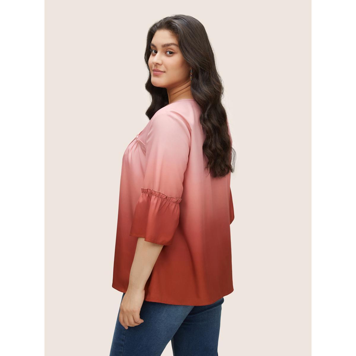 Plus Size Scarlet Ombre Tie Neck Gathered Ruffle Sleeve Blouse Women Resort Elbow-length sleeve Notched collar Vacation Blouses BloomChic 26/4X Product Image