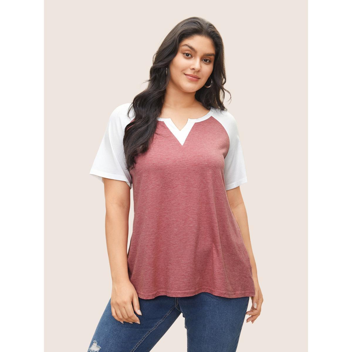 Plus Size Colorblock Contrast Notched Raglan Sleeve T-shirt Russet Women Casual Plain Everyday T-shirts BloomChic 30/6X Product Image