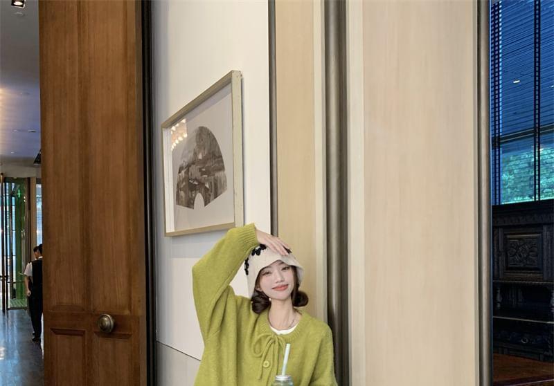 Crew Neck Plain Tie Front Button-Up Cardigan / Ruffle Hem Wide Leg Pants Product Image