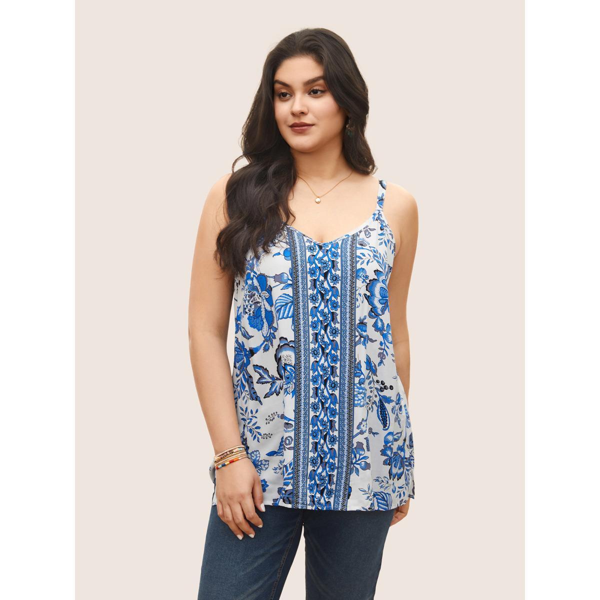 Plus Size Rayon Boho Print Split Side Cami Top Women White Resort Non V-neck Vacation Tank Tops Camis BloomChic 18-20/2X Product Image