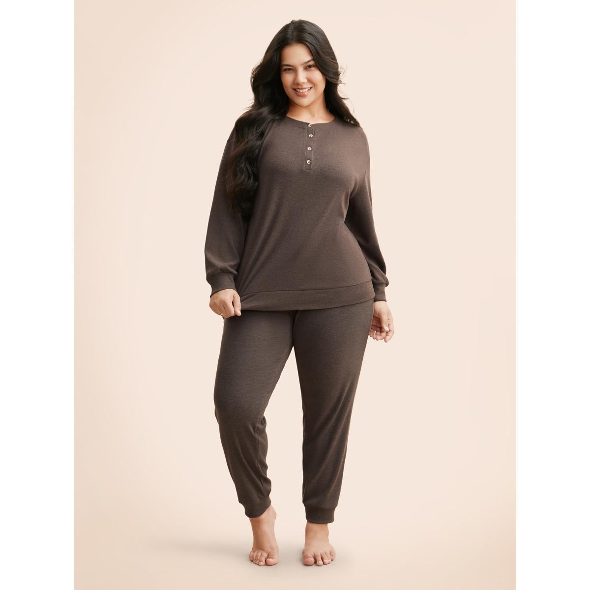 Plus Size Airy Cozy Drop Shoulder T-shirt DarkBrown Women Casual Texture Round Neck Everyday T-shirts BloomChic 12/L Product Image