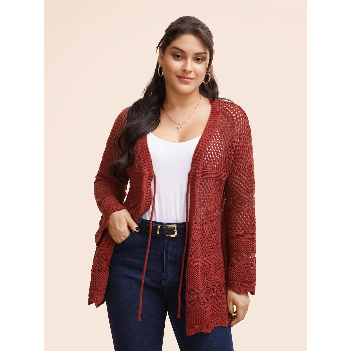 Plus Size Texture Tie Knot Bell Sleeve Cardigan Russet Women Casual Loose Three Quater Length Sleeve Everyday Cardigans BloomChic 14-16/1X Product Image