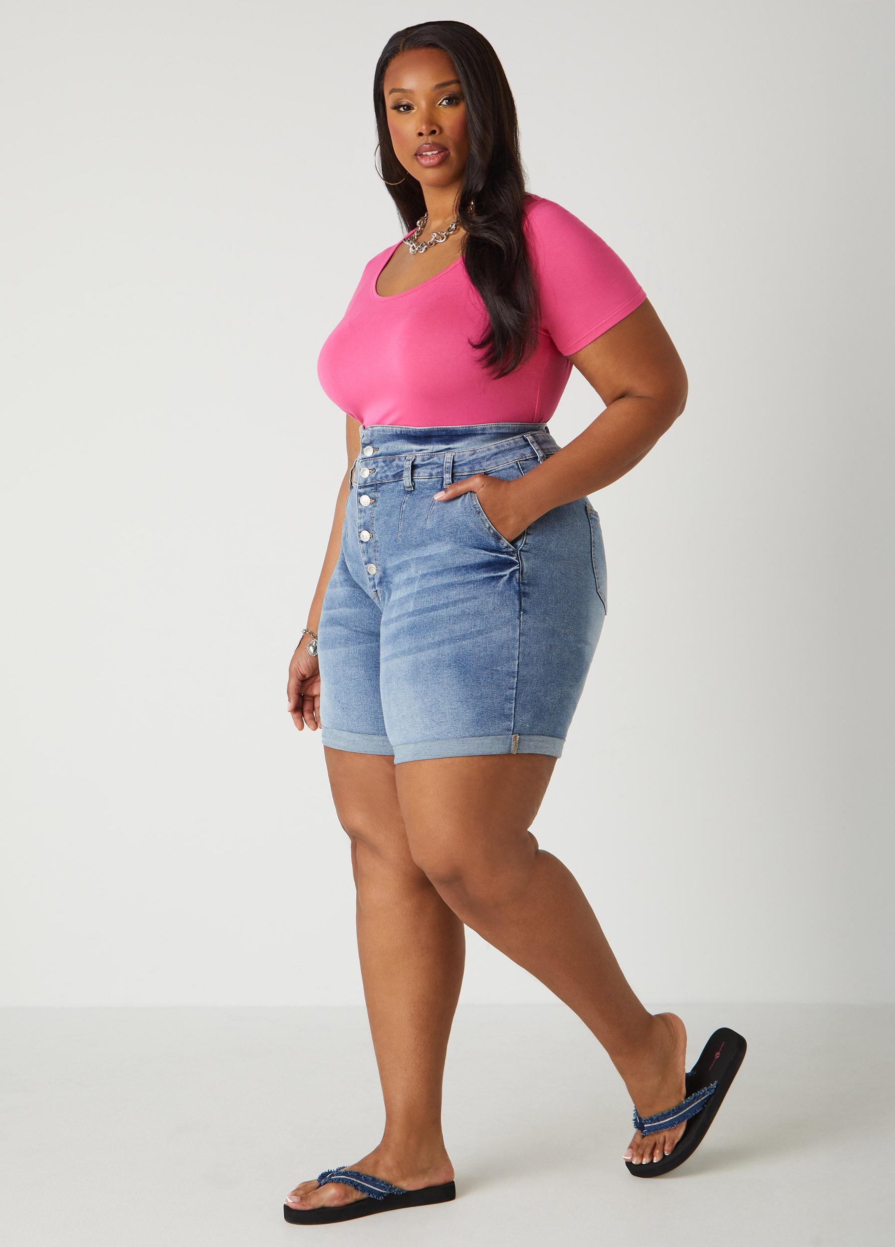 Cuffed High Waist Denim Shorts Product Image
