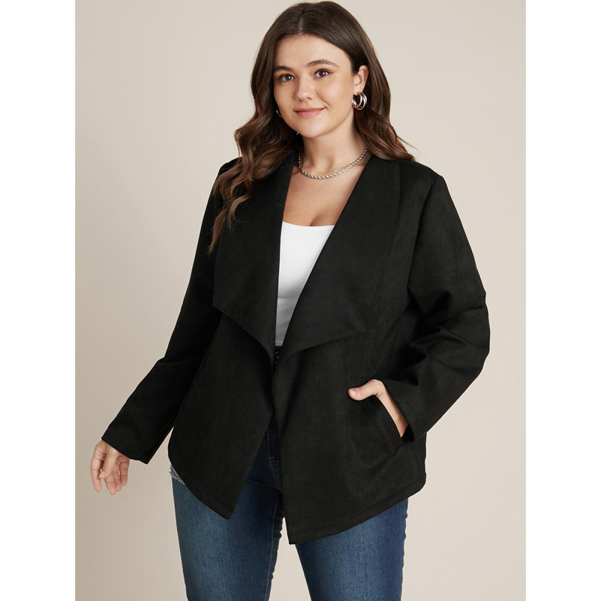 Plus Size Solid Waterfall Collar Pocket Coat Women Black Office Pocket Ladies Work Winter Coats BloomChic 18-20/2X Product Image