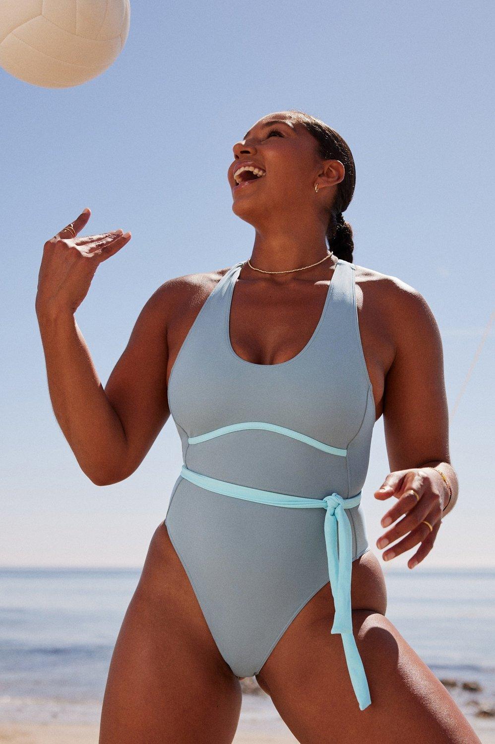 Fabletics Lace-Up Racerback Swimsuit Womens Raincloud/Blue Sky Size L Product Image
