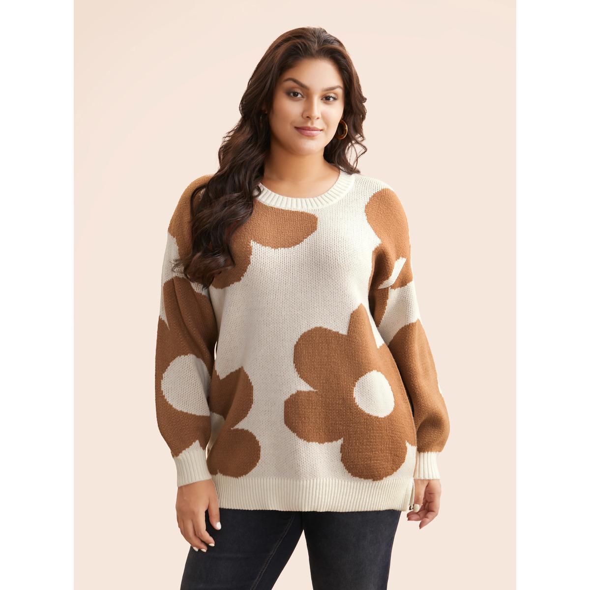 Plus Size Floral Jacquard Drop Shoulder Sleeve Pullover Apricot Women Casual Loose Long Sleeve Round Neck Everyday Pullovers BloomChic 28/5X Product Image