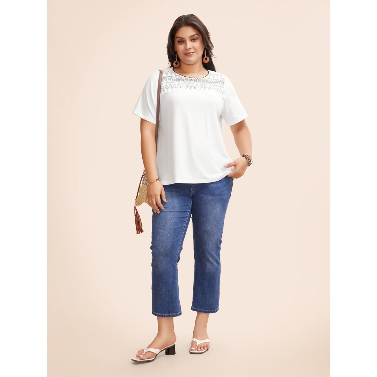 Plus Size Round Neck Embroidered Shirred T-shirt Originalwhite Women Resort Woven ribbon&lace trim Art&design Round Neck Vacation T-shirts BloomChic 26/4X Product Image