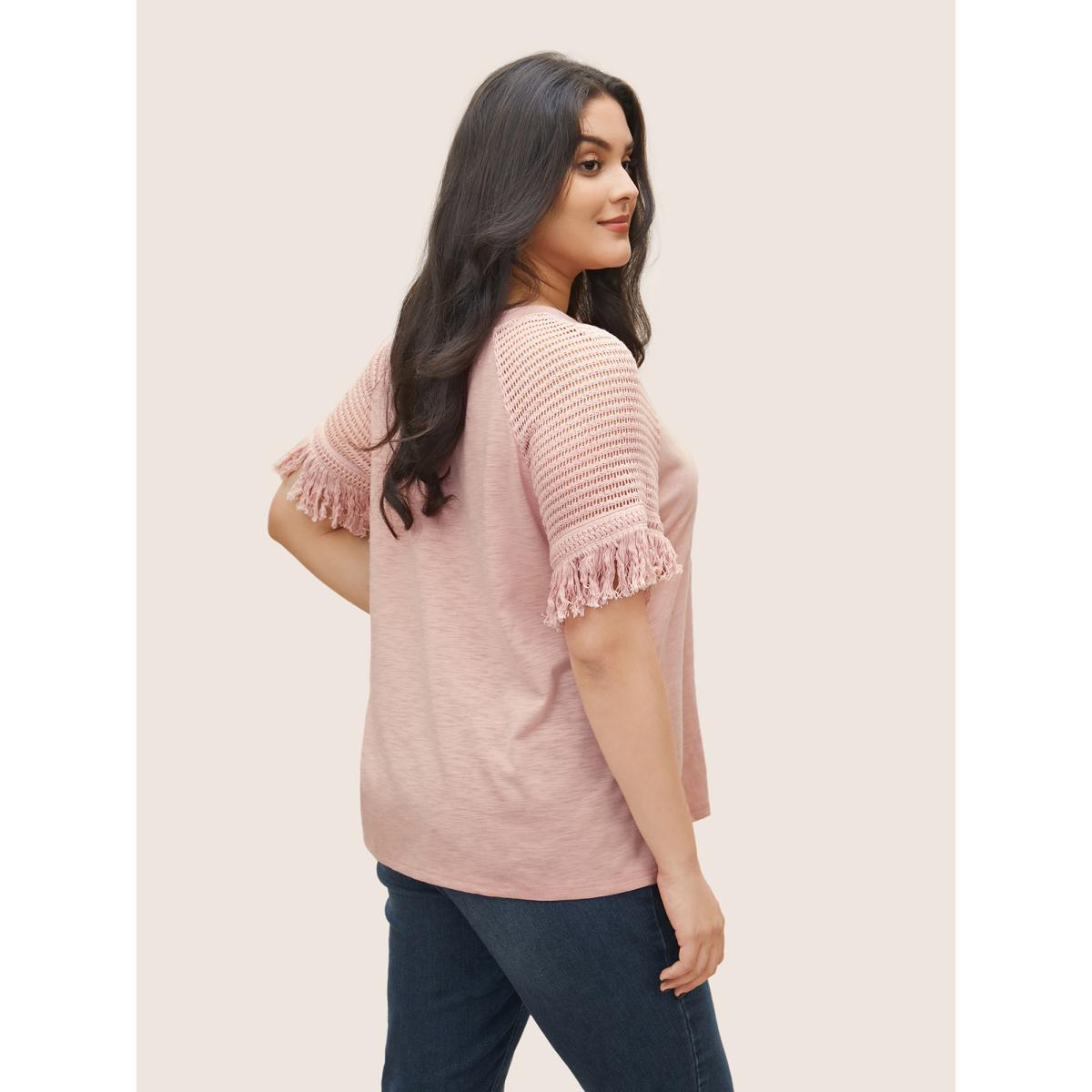 Plus Size Solid Cut Out Raglan Sleeve Fuzzy Trim T-shirt Pink Women Elegant Non Plain Round Neck Everyday T-shirts BloomChic 14-16/1X Product Image