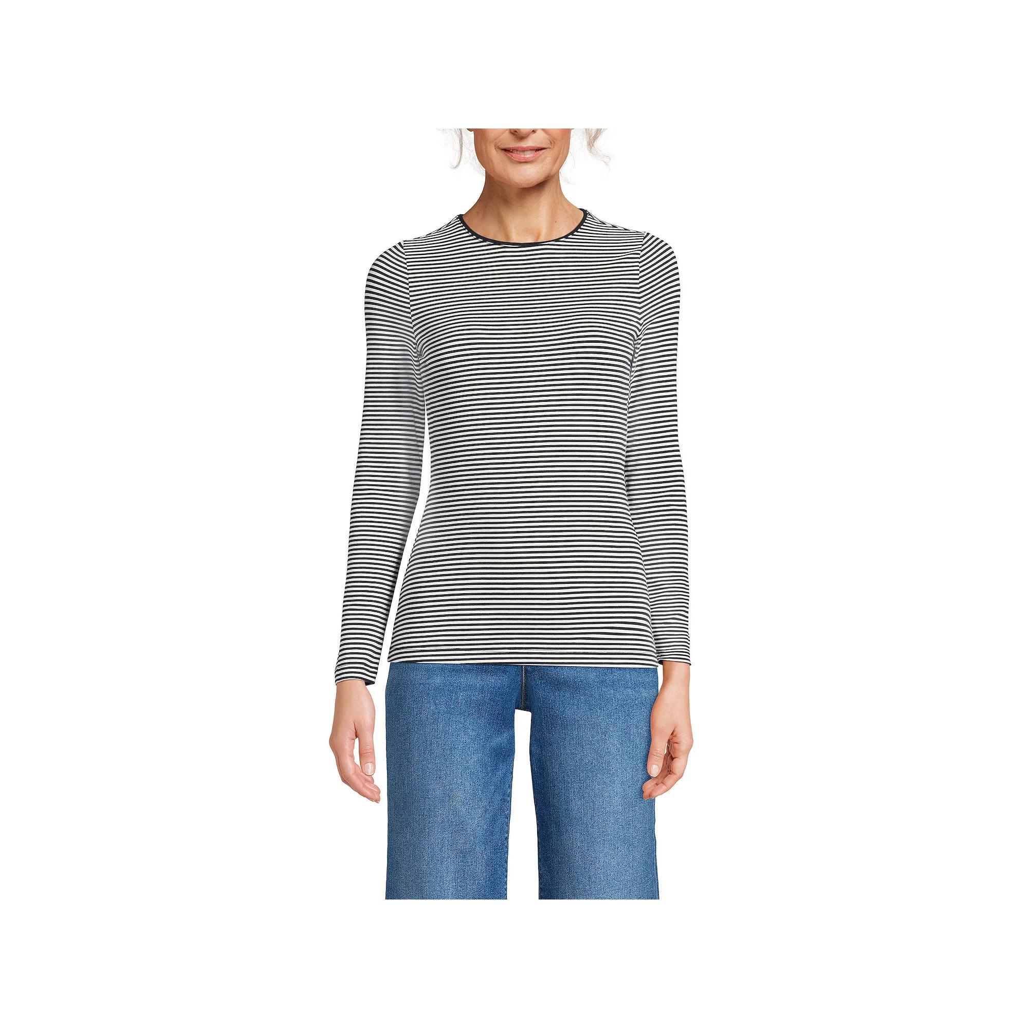 Petite Lands' End Lightweight Jersey Skimming Long Sleeve Crewneck T-shirt, Women's, Size: Medium Petite, Navy White Stripe Product Image