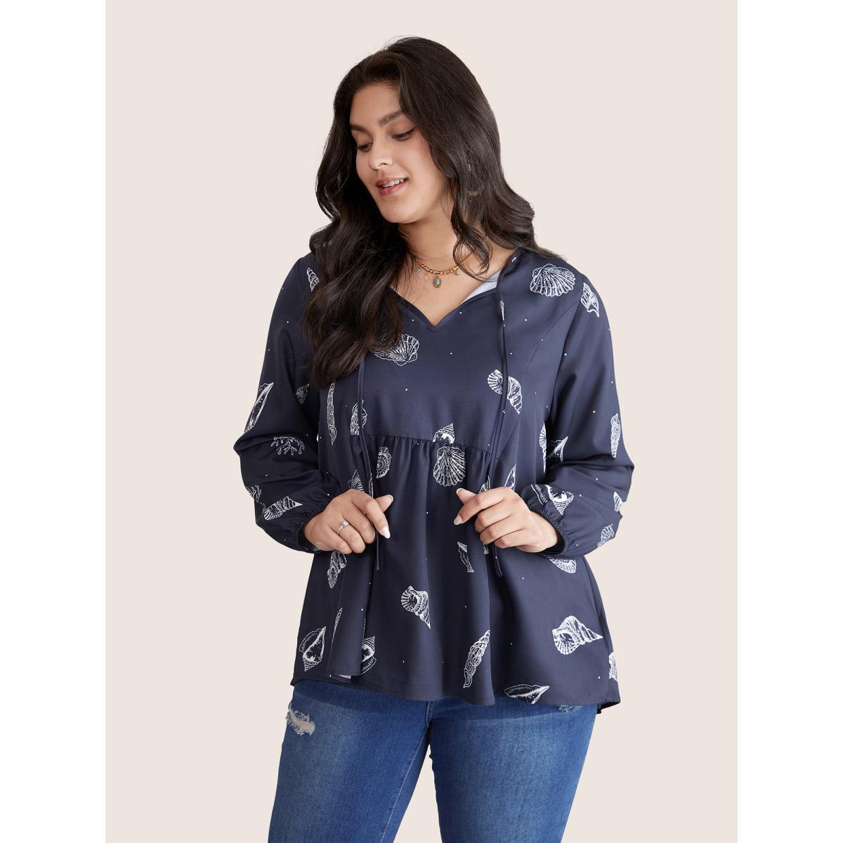 Plus Size Indigo Marine Life Patterns Ties Gathered Blouse Women Vacation Long Sleeve Tie Neck Vacation Blouses BloomChic 22-24/3X Product Image
