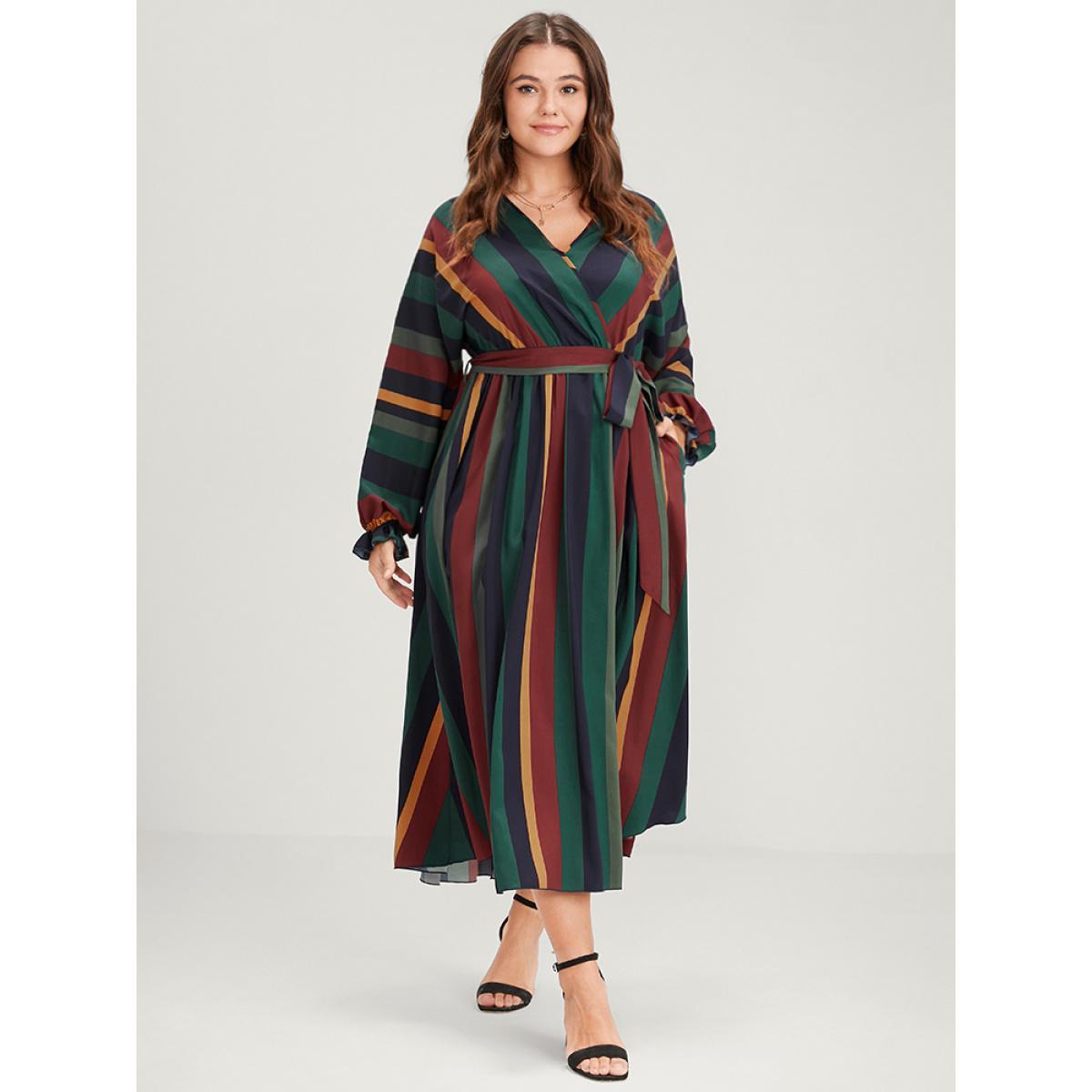 Plus Size Striped Pocket Dolman Sleeve Wrap Button Flutter Belted Split Dress Multicolor Women Vacation Cross straps V-neck Long Sleeve Curvy Long Dress BloomChic 30/6X Product Image