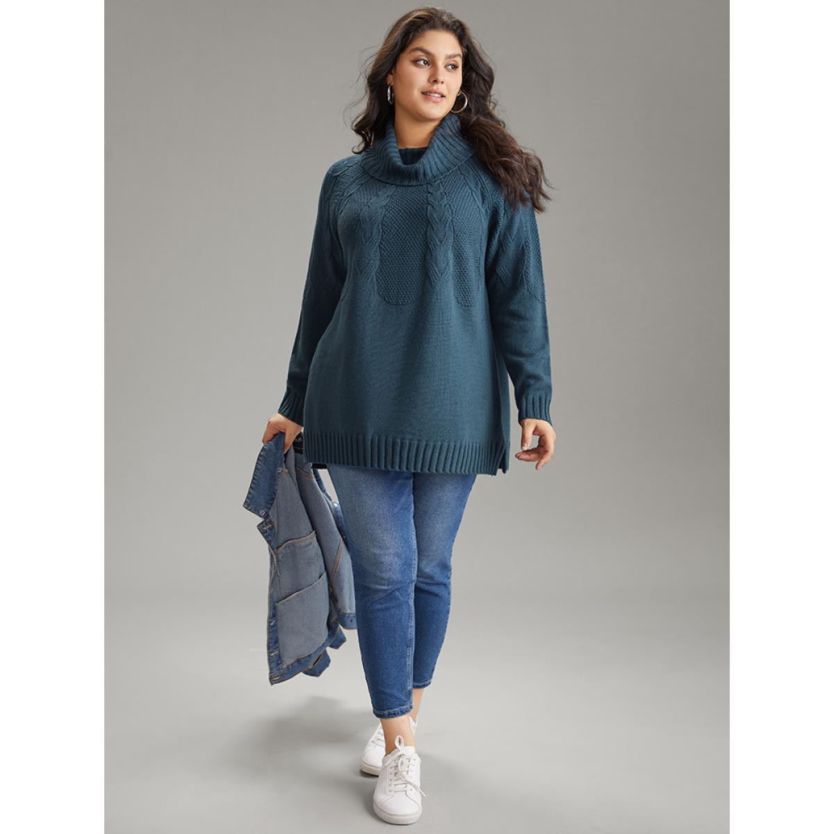 Plus Size Solid Turtle Neck Cable Knit Pullover Cyan Women Casual Loose Long Sleeve Turtleneck Dailywear Pullovers BloomChic 12/L Product Image