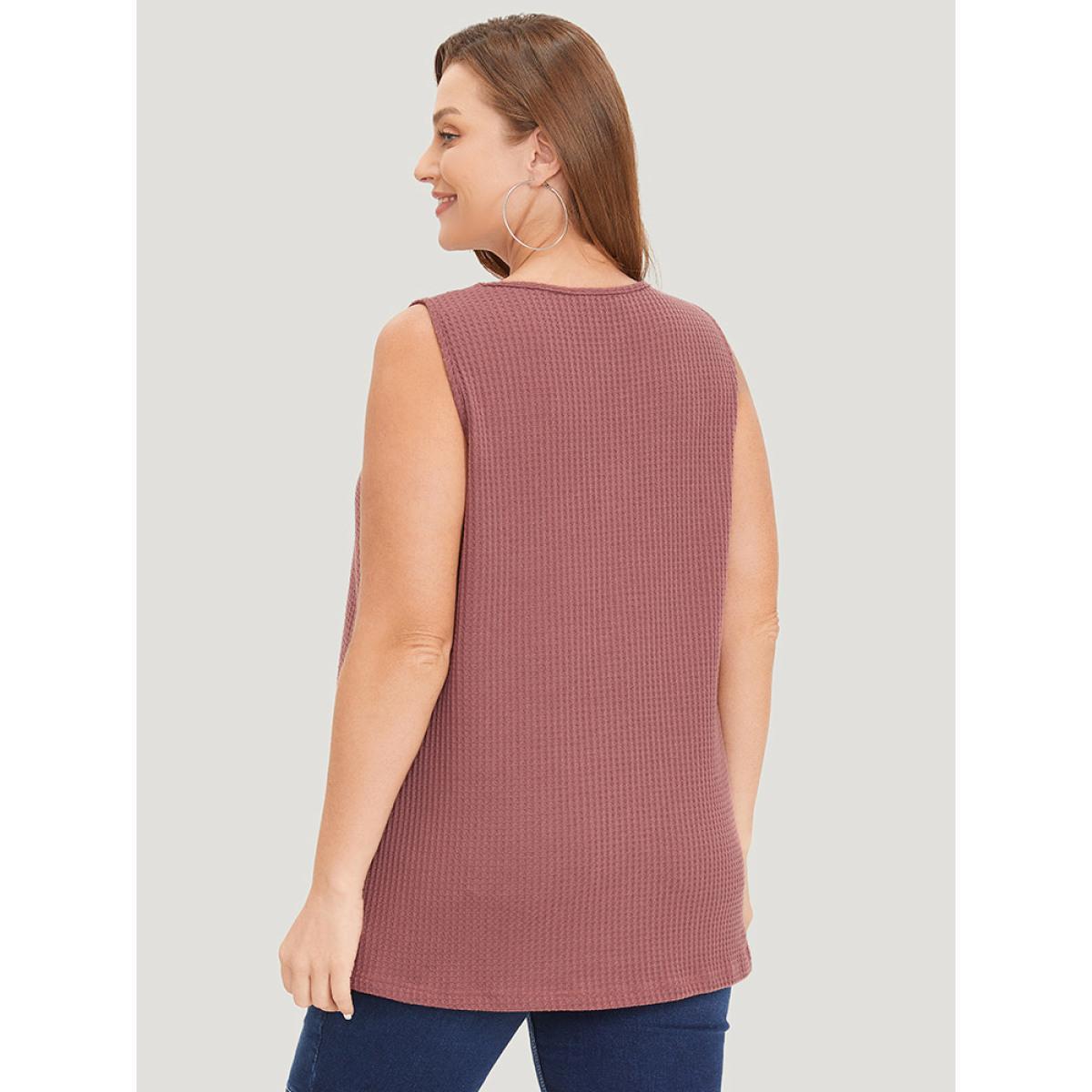 Plus Size Waffle Knit Button Detail Plicated Detail Tank Top Women DustyPink Casual V-neck Dailywear Tank Tops Camis BloomChic 12/L Product Image