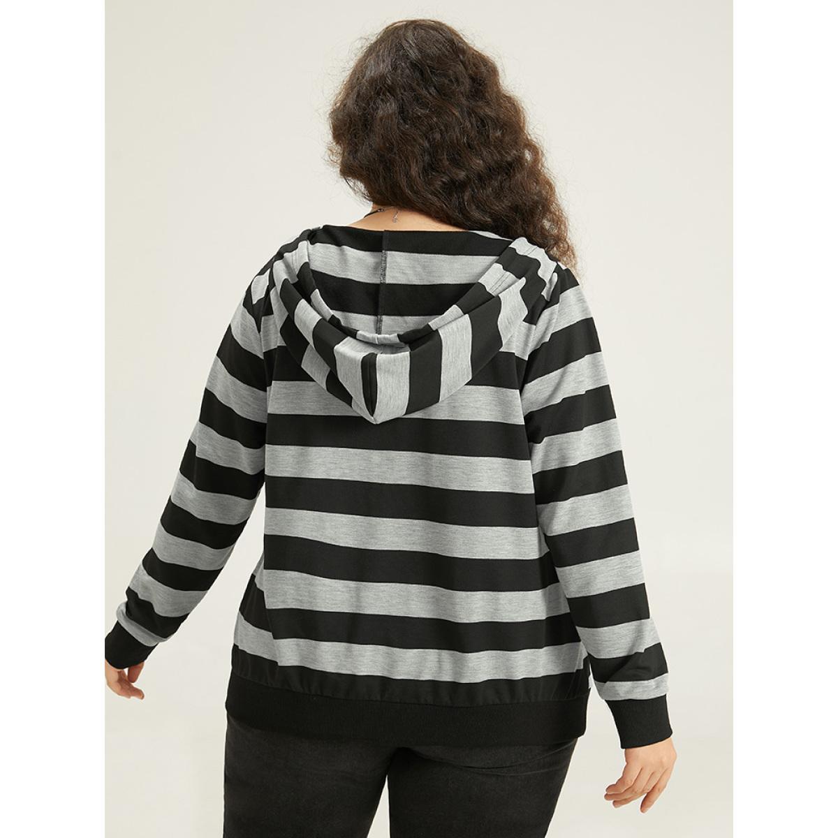Plus Size Striped Hooded Pocket Zipper Sweatshirt Women Black Casual Elastic cuffs Hooded Festival-Halloween Sweatshirts BloomChic 22-24/3X Product Image