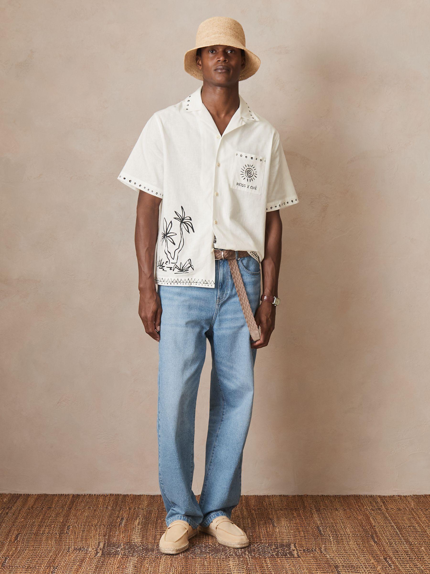 Reiss | Ché Cotton-Linen Palm Shirt in White Product Image