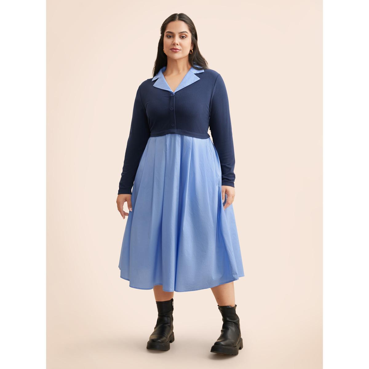 Plus Size 2-In-1 Contrast Patchwork Pleated Dress Indigo Women Elegant Texture Suit Collar Long Sleeve Curvy BloomChic 26/4X Product Image
