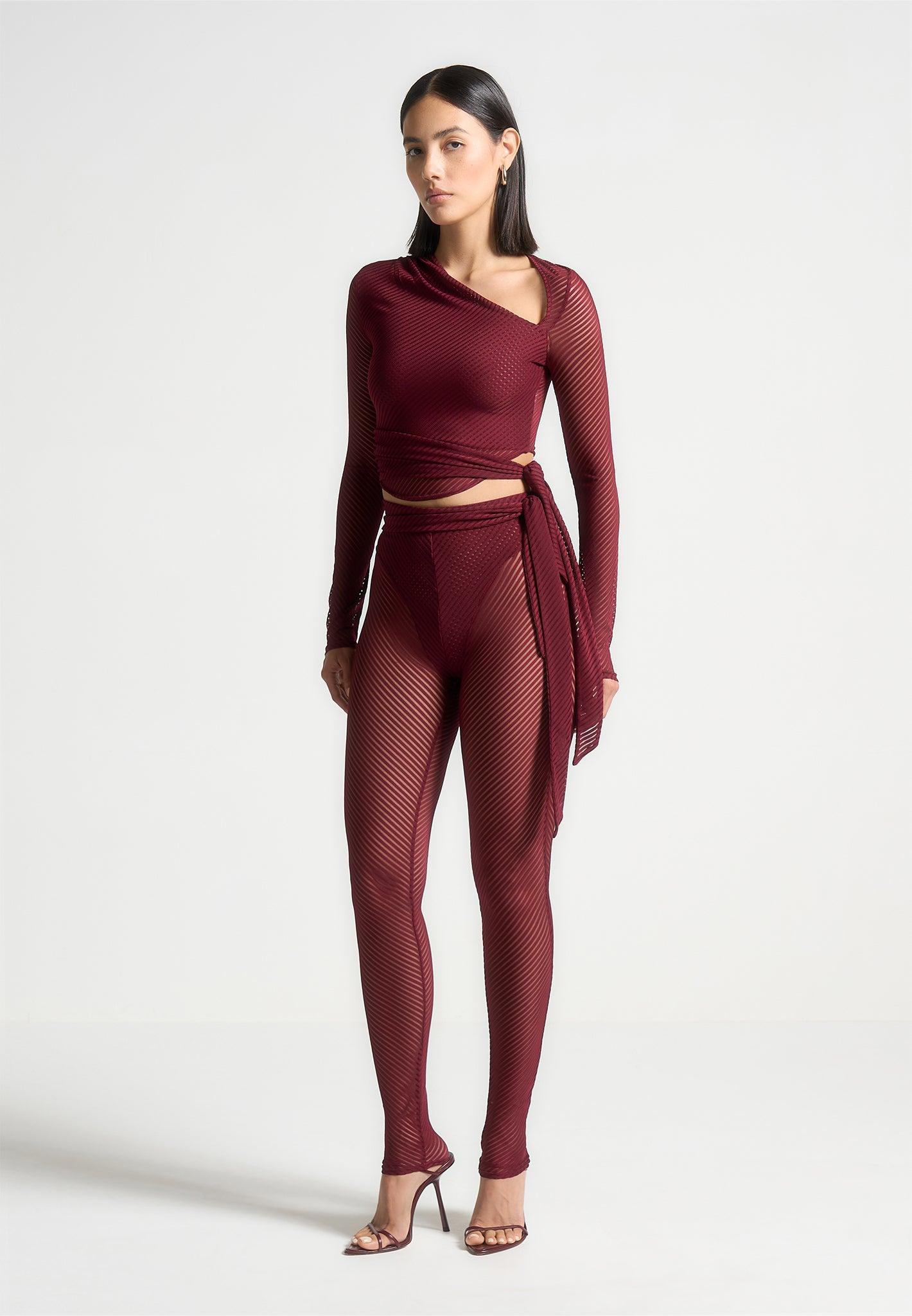 Ribbed Sheer Top with Tie - Wine Red Female Product Image