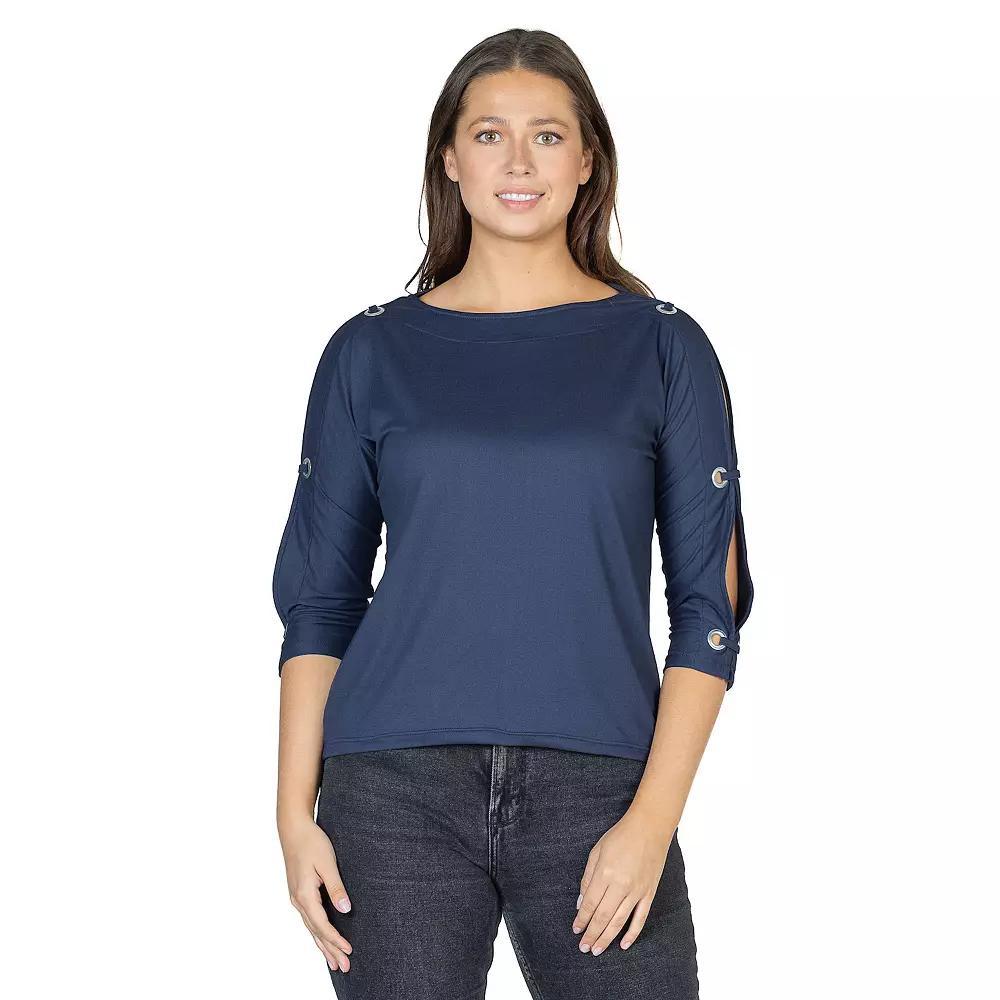 Women's 24Seven Comfort Apparel Three-Quarter Sleeve Boatneck Cold Shoulder Top, Size: Medium, Blue Product Image