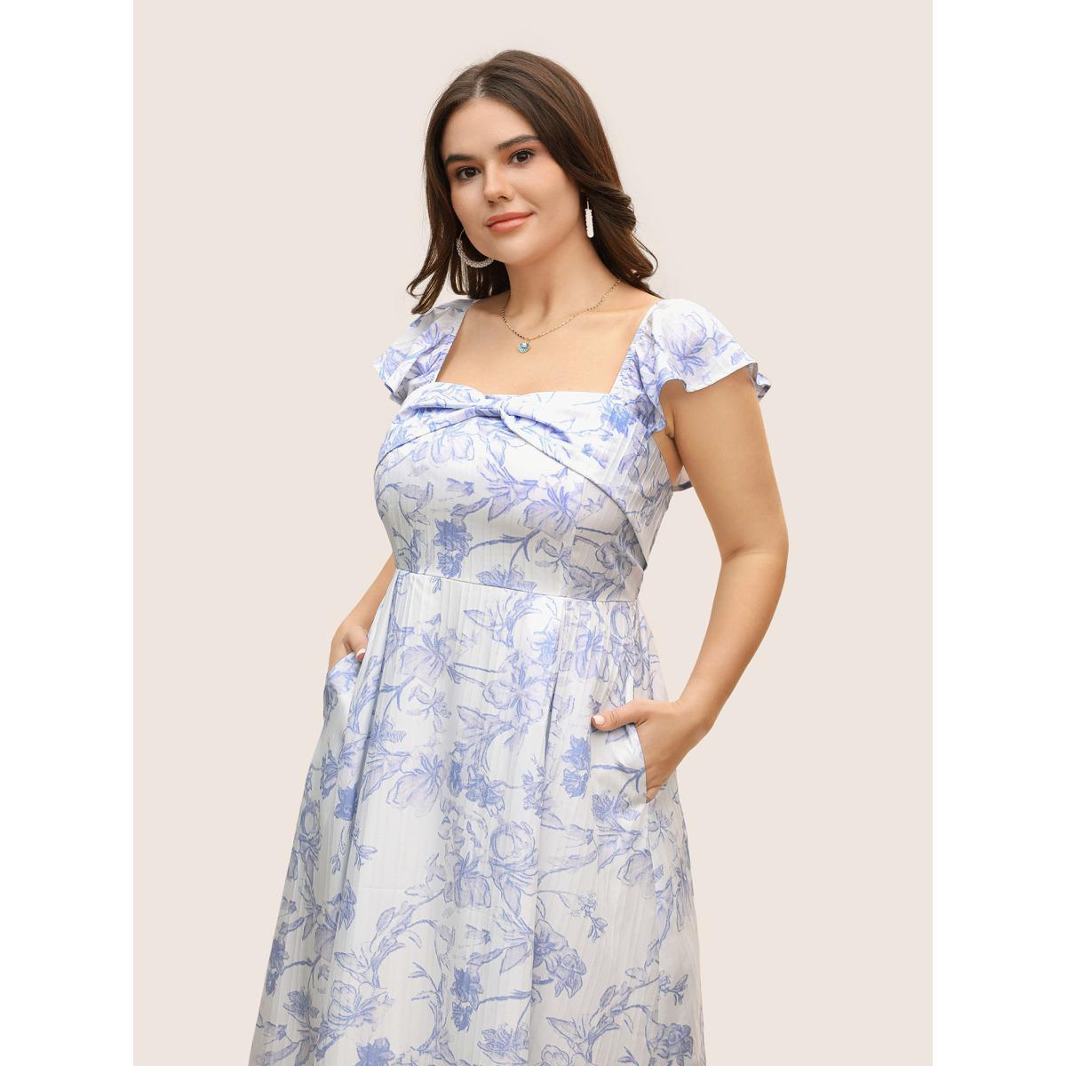 Plus Size Square Neck Floral Twist Ruffle Cap Sleeve Dress Originalwhite Women Elegant Twist Square Neck Cap Sleeve Curvy BloomChic 12/L Product Image