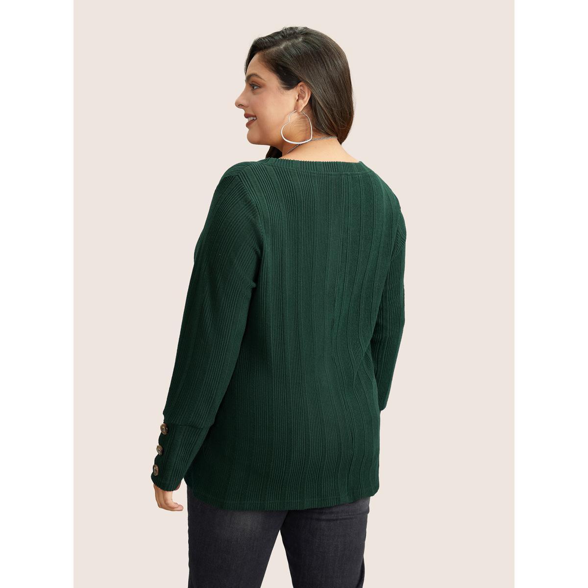 Plus Size Rib Knit V Neck Button Detail T-shirt Eggplant Women Casual Non Plain V-neck Everyday T-shirts BloomChic 28/5X Product Image