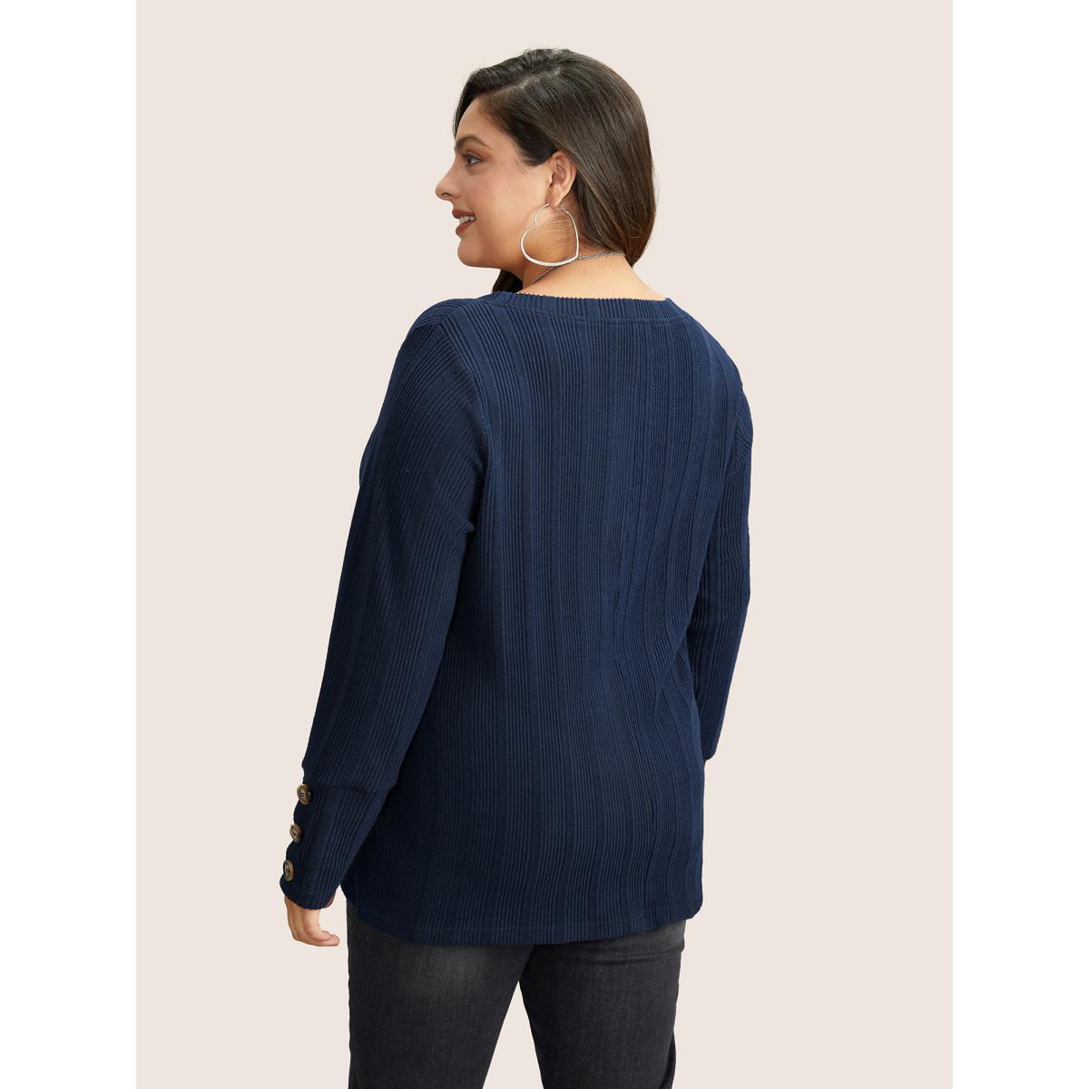 Plus Size Rib Knit V Neck Button Detail T-shirt Black Women Casual Non Plain V-neck Everyday T-shirts BloomChic 22-24/3X Product Image
