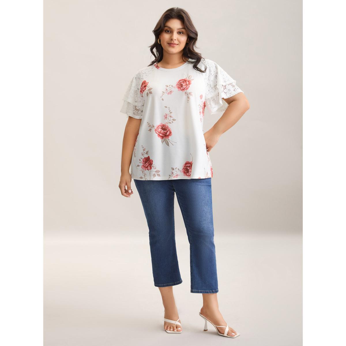 Plus Size Lace Sleeve Layered Floral T-Shirt WhiteSmoke Women Contrast Natural Flowers Round Neck Everyday-Elegant T-shirts BloomChic 18-20/2X Product Image
