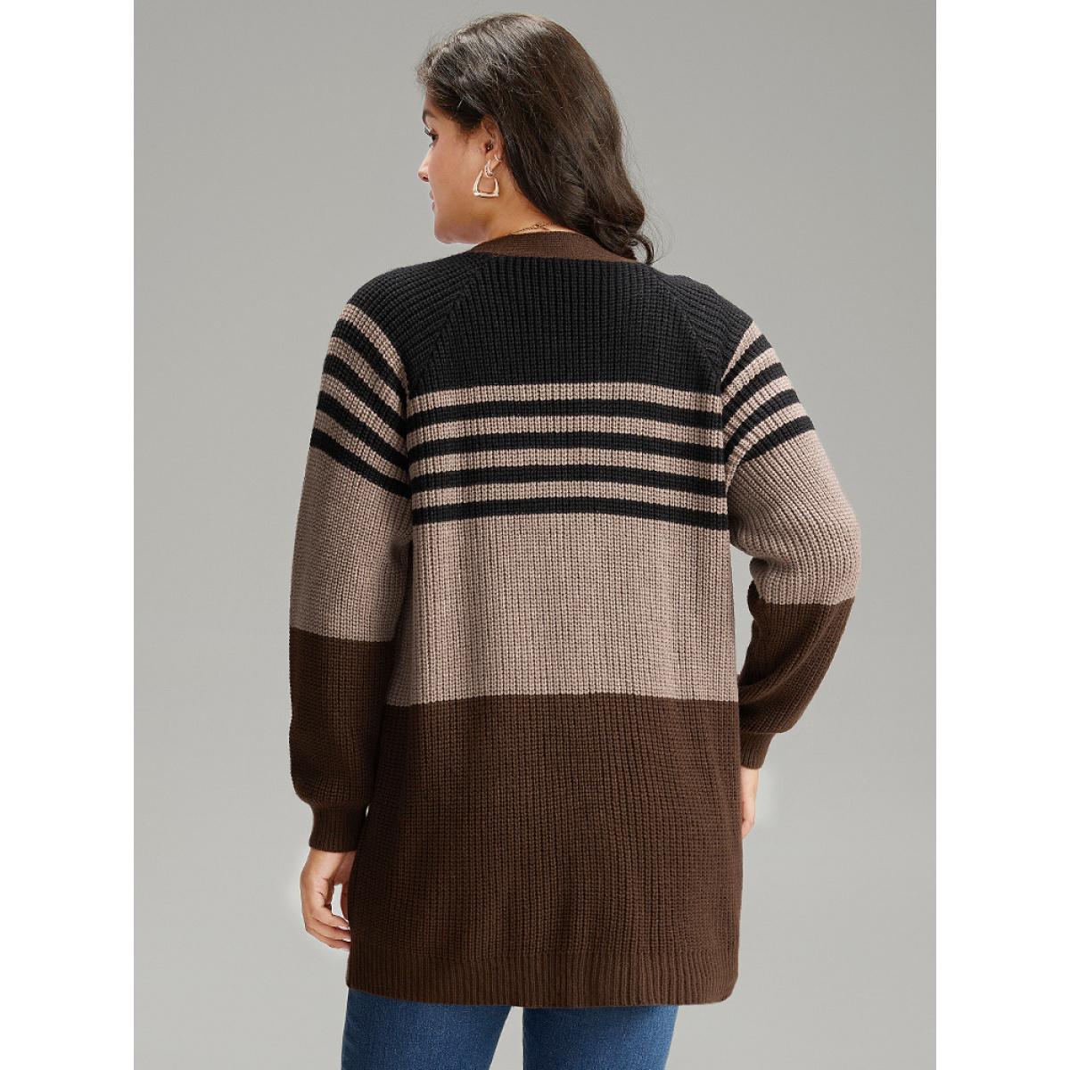 Plus Size Striped Colorblock Patched Pocket Cardigan Multicolor Women Casual Loose Long Sleeve Dailywear Cardigans BloomChic 10/M Product Image