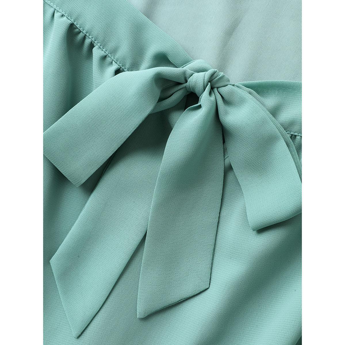 Plus Size Chiffon Ribbon Collar Waist-Cinched Dress Teal Women Square Neck Short sleeve Curvy BloomChic 10/M Product Image