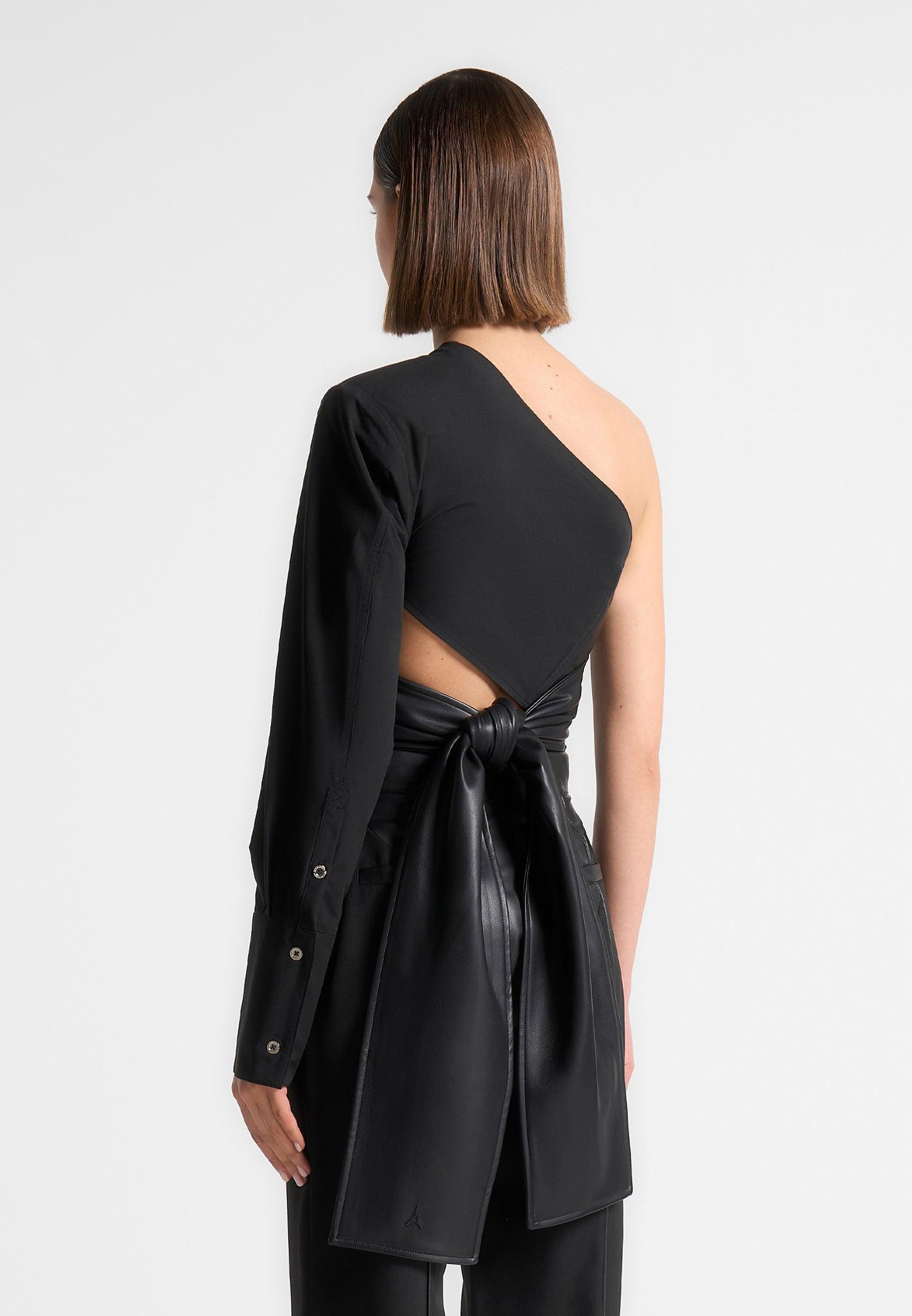 Coralie - One Sleeve Leather Wrap Top - Black Female Product Image