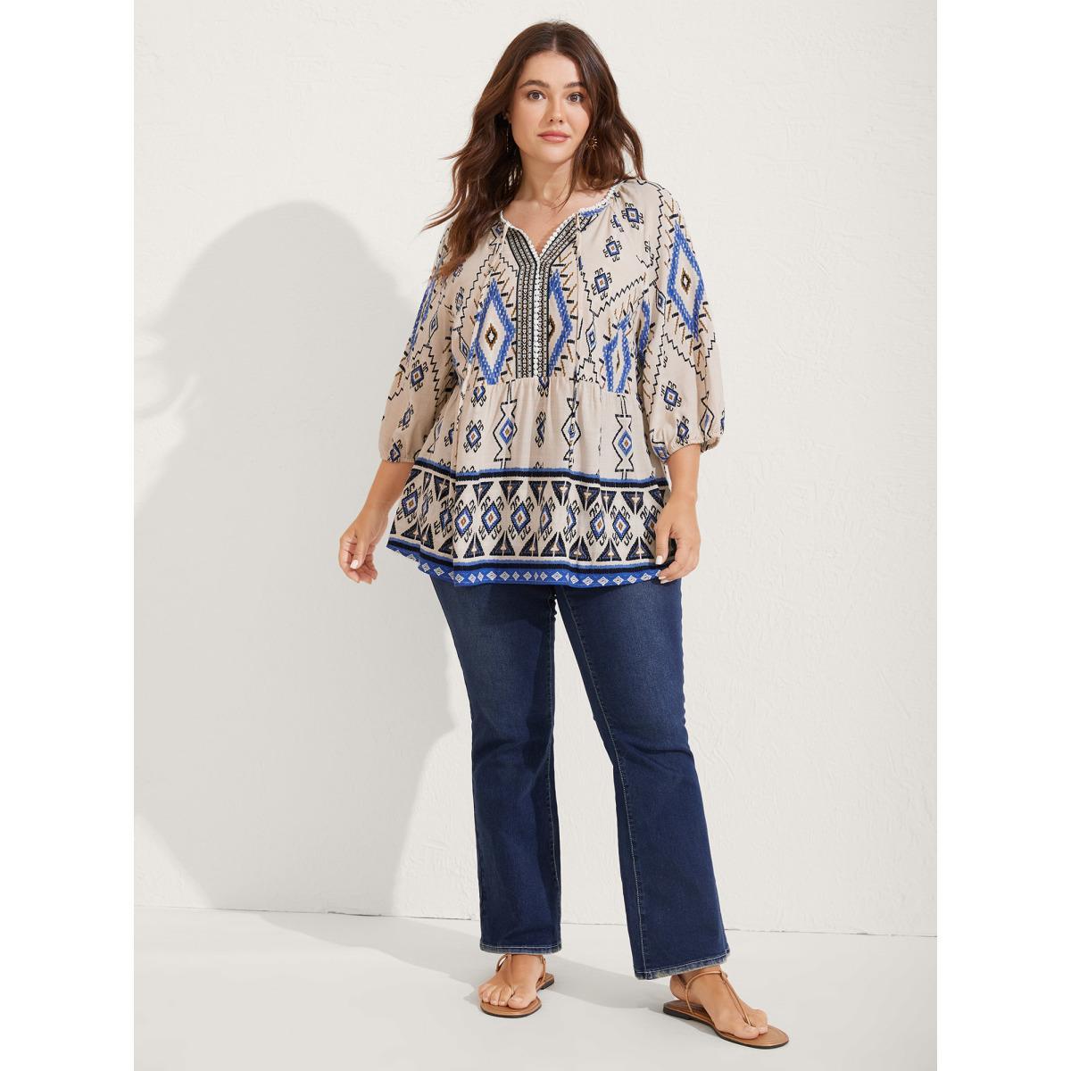 Plus Size Multicolor Boho Print Lace Detail Neck Tie Blouse Women Elbow-length sleeve Notched collar Vacation Blouses BloomChic 28/5X Product Image