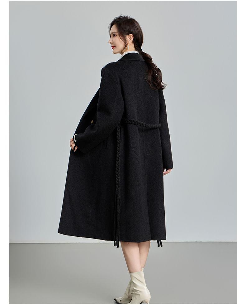 Set: Peak Lapel Plain Double-Breasted Long Coat + Belt Product Image