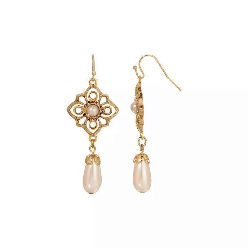1928 Gold Tone Filigree Faux Pearl Drop Earrings, Womens, White Product Image