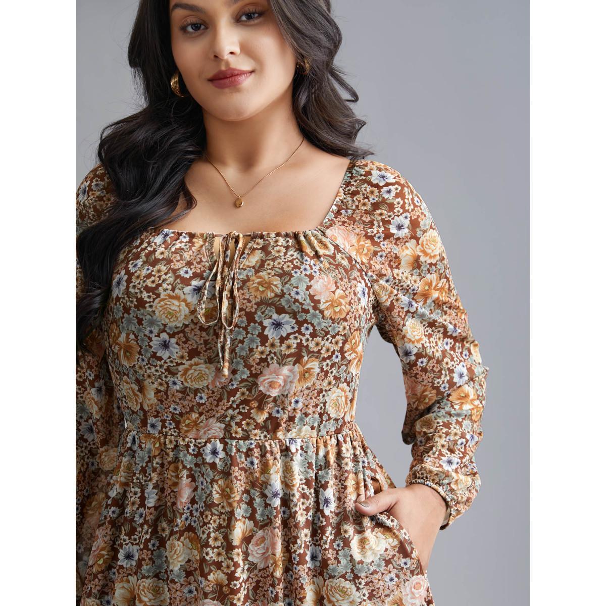 Plus Size Square Neck Floral Ties Midi Dress Browncoffeecolor Women Elegant Tie knot Knit Dresses Bloomchic 12/L Product Image