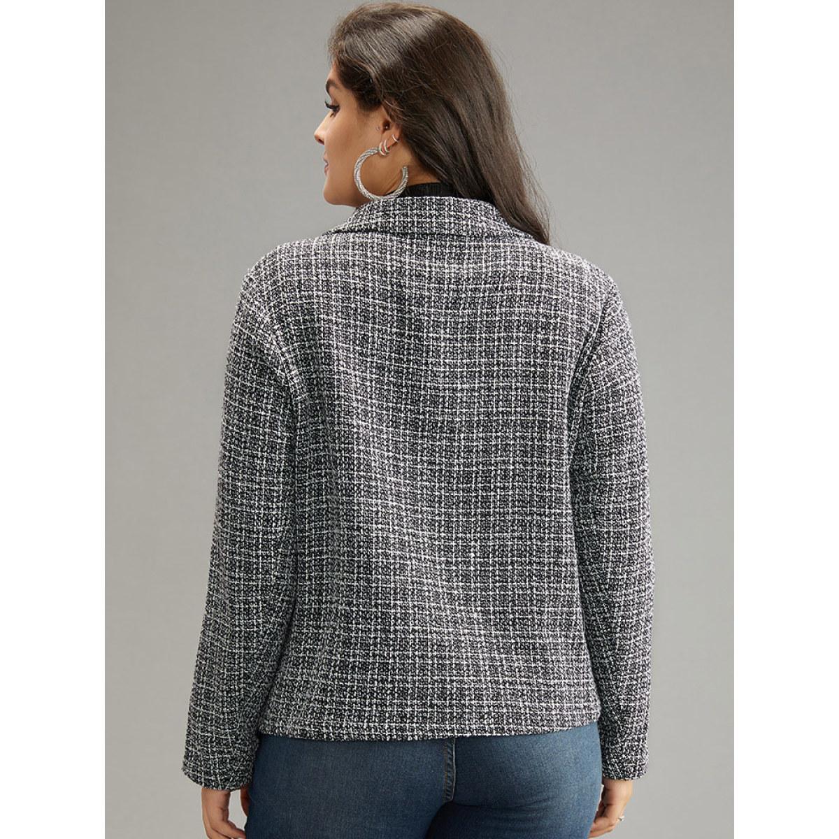 Plus Size Gingham Texture Lapel Collar Metal Detail Jacket Women Black Elegant Texture Ladies Everyday Winter Coats BloomChic 30/6X Product Image
