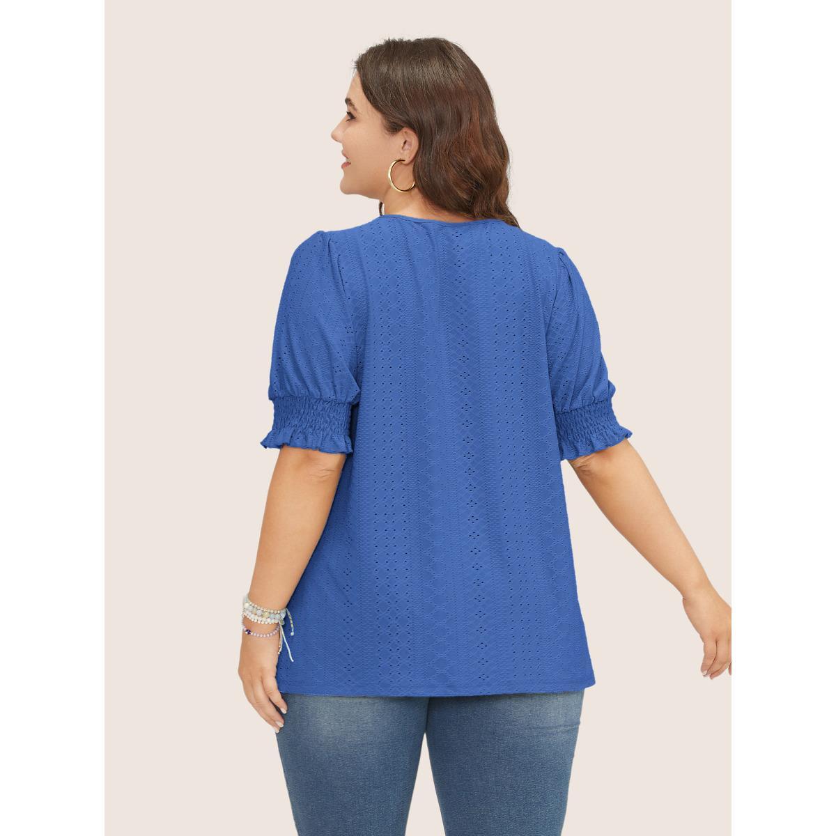 Plus Size Plain Broderie Anglaise Shirred Puff Sleeve Button Detail T-shirt Blue Women Casual Button Plain V-neck Everyday T-shirts BloomChic 14-16/1X Product Image
