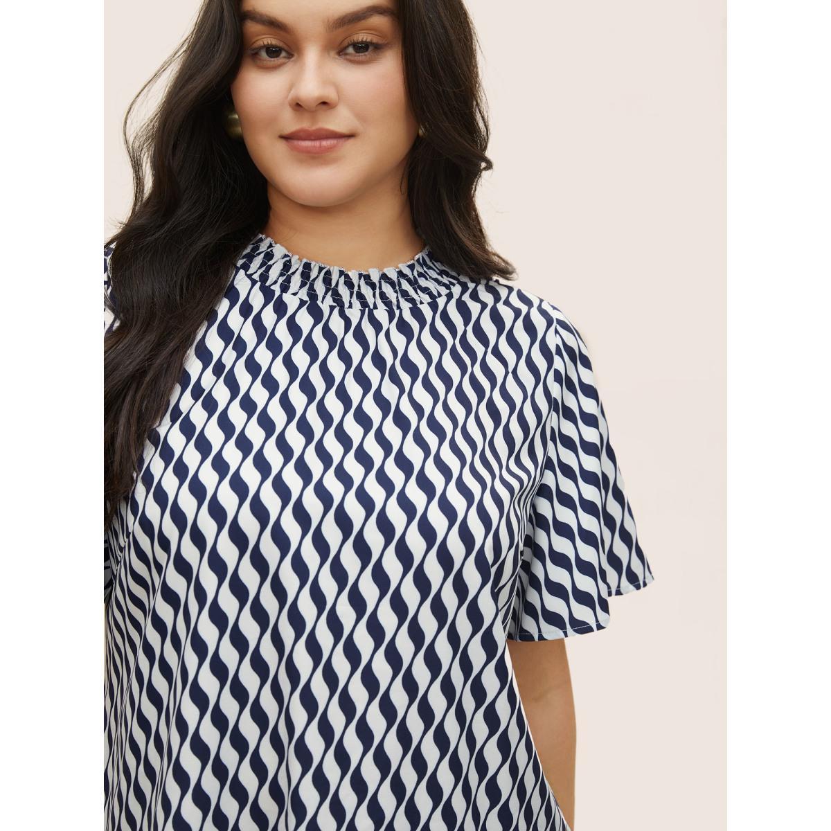 Plus Size Blue Geometric Mock Neck Shirred Ruffle Sleeve Blouse Women At the Office Short sleeve Mock Neck Work Blouses BloomChic 10/M Product Image